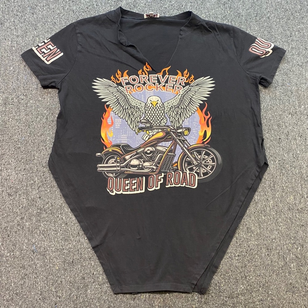 Madras Forever Rocker TShirt Sz 1X Womens Black‎ Grunge Biker Eagle High Low Hem